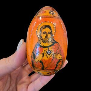Hand Painted Ukrainian Wooden Pysanka – Religious Easter Egg – 4"